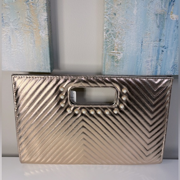 unbranded Handbags - Rose Gold Metallic Clutch with Pearls